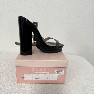 GLAZE Black Platform 5” High Block Heel Ankle Strap Lug Soles Sandals Size 6 NIB